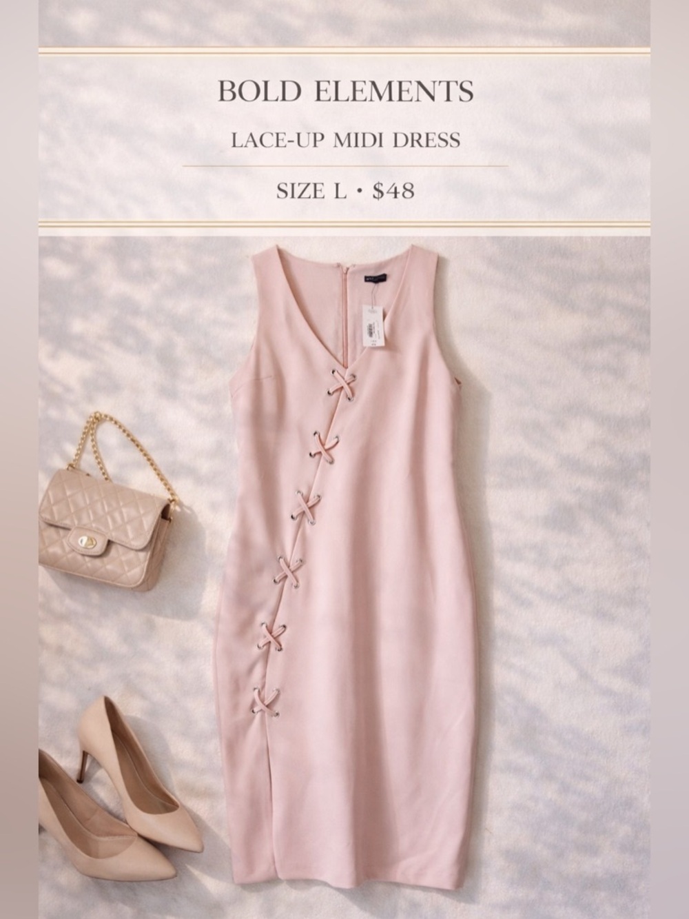Bold Elements Blush Pink Lace-Up Midi Dress Size L NWT